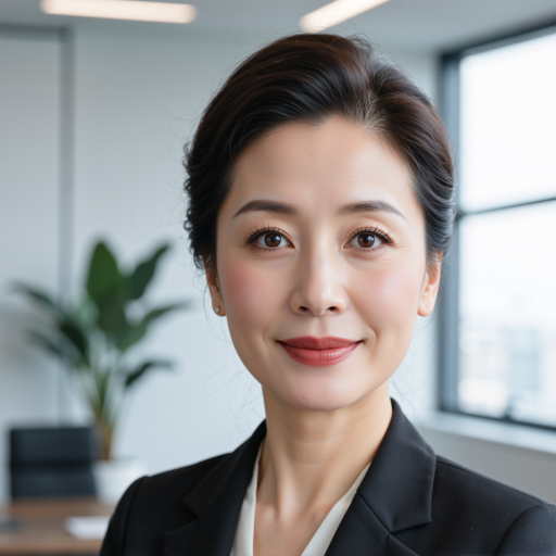 三十多岁女性头像,穿职业套装,背景是办公室
